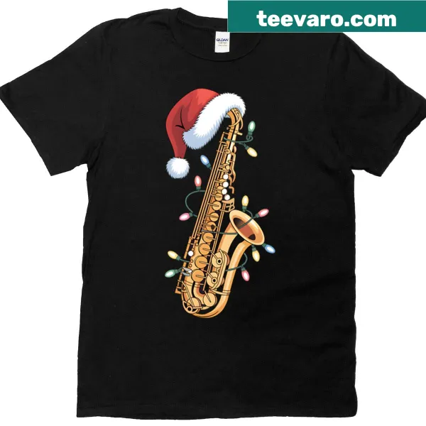 Christmas T-shirt with a saxophone wearing a Santa hat