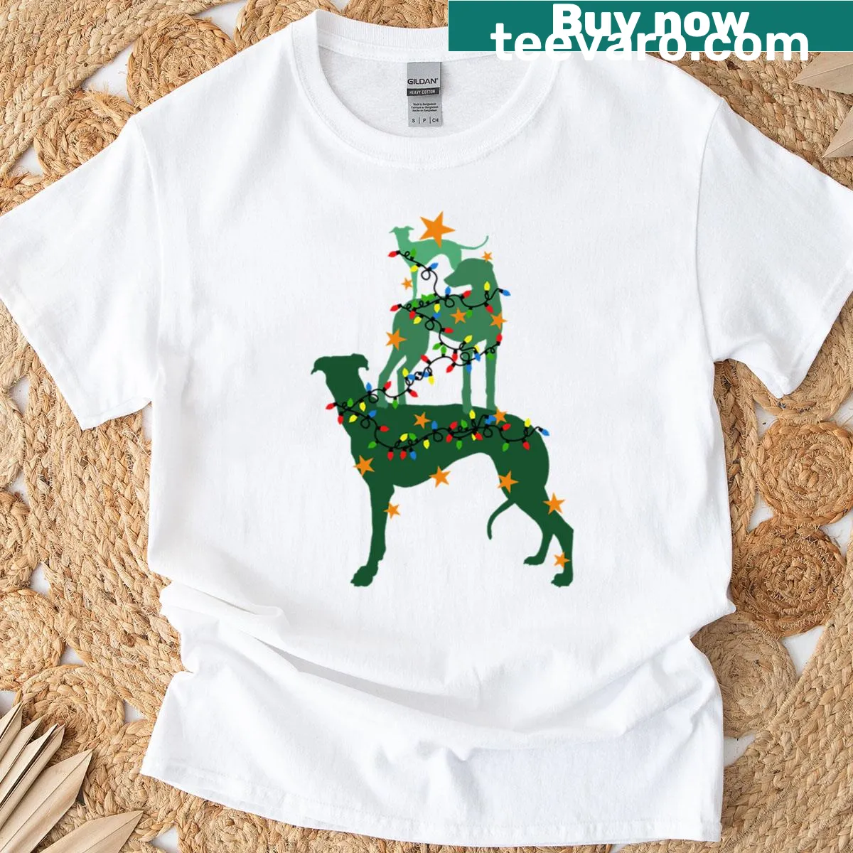 Illustration of sighthounds in festive attire for Christmas — on a men's t-shirt