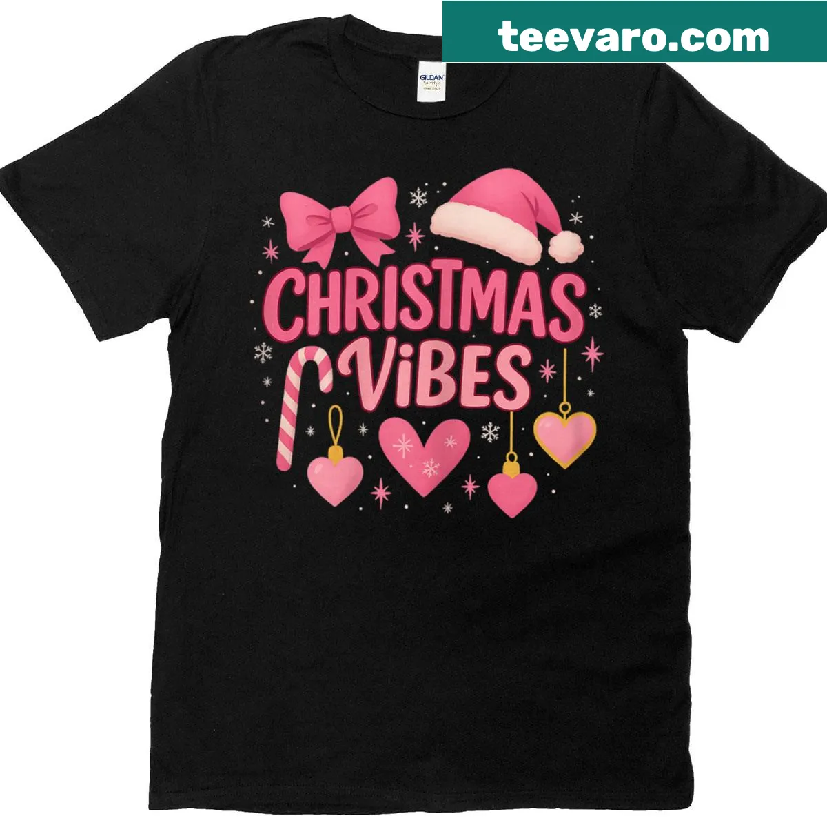 Playful Christmas t-shirt with 'Christmas Vibes' and candy cane design — on a men's t-shirt
