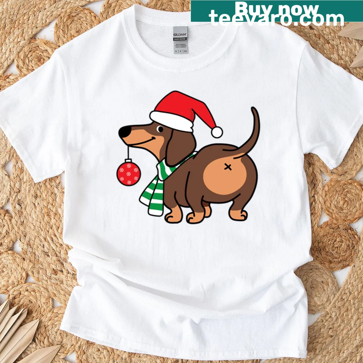Cute dachshund Christmas t-shirt with festive design — on a men's t-shirt