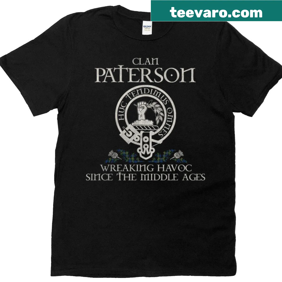 Vintage t-shirt featuring Clan Paterson crest and tartan thistle — on a men's t-shirt