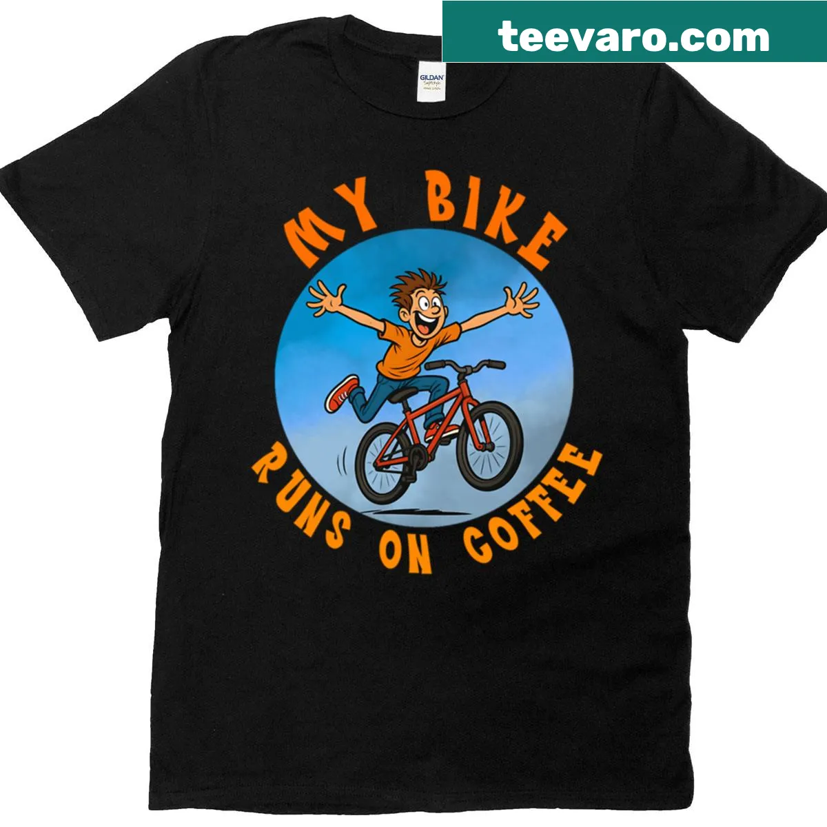 Funny coffee lover bike rider t-shirt — on a men's t-shirt