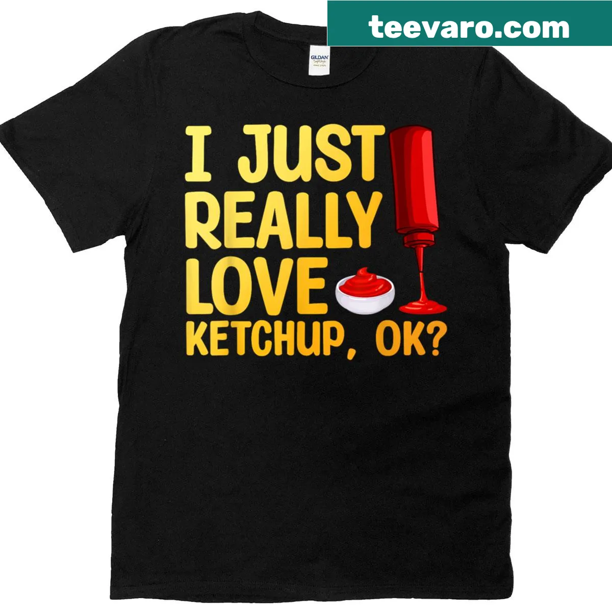 Playful ketchup-themed T-shirt with cartoon ketchup bottles and splashes — on a men's t-shirt