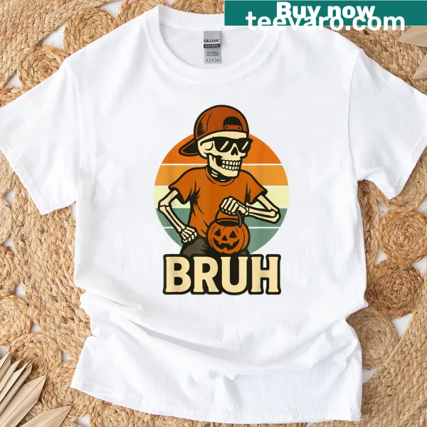 Funny skeleton design with the word 'Bruh' for Halloween.