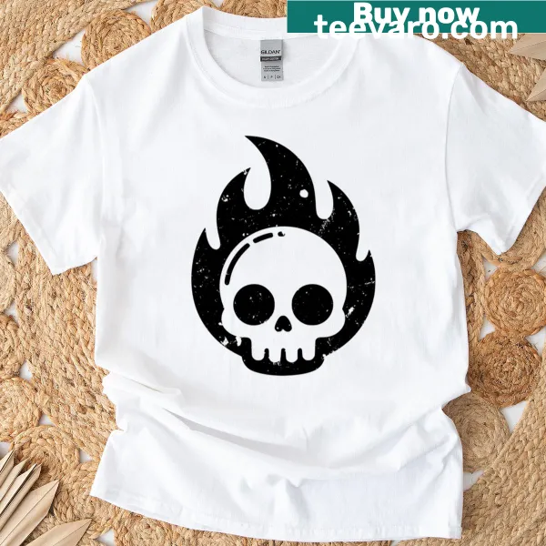 Flaming skull minimalist design on grunge style T-shirt