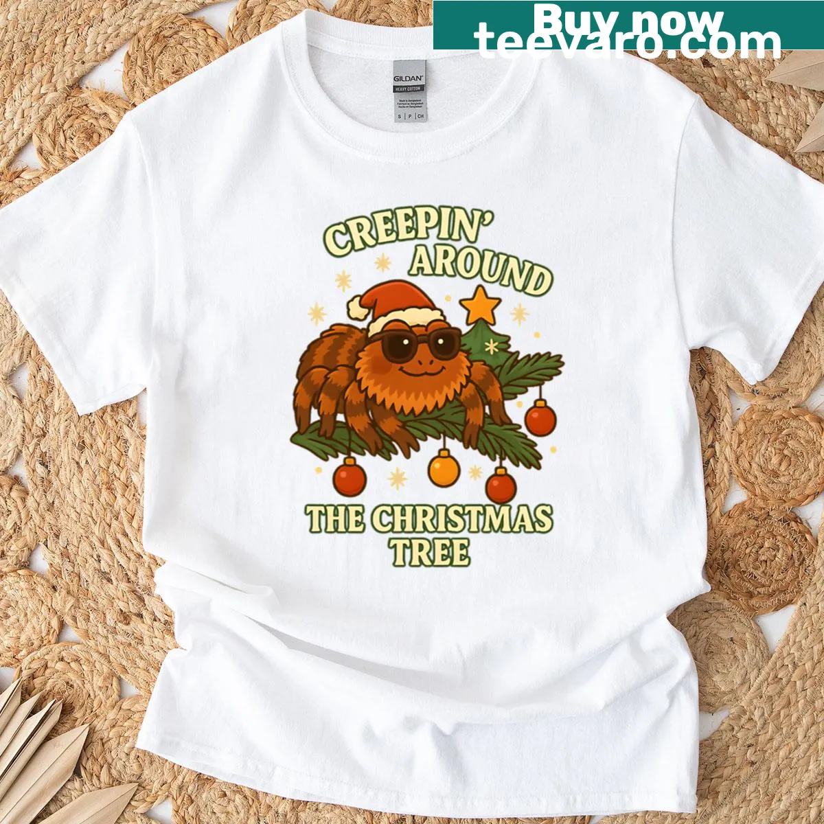 Spider in a Santa hat on a Christmas tree t-shirt — on a men's t-shirt
