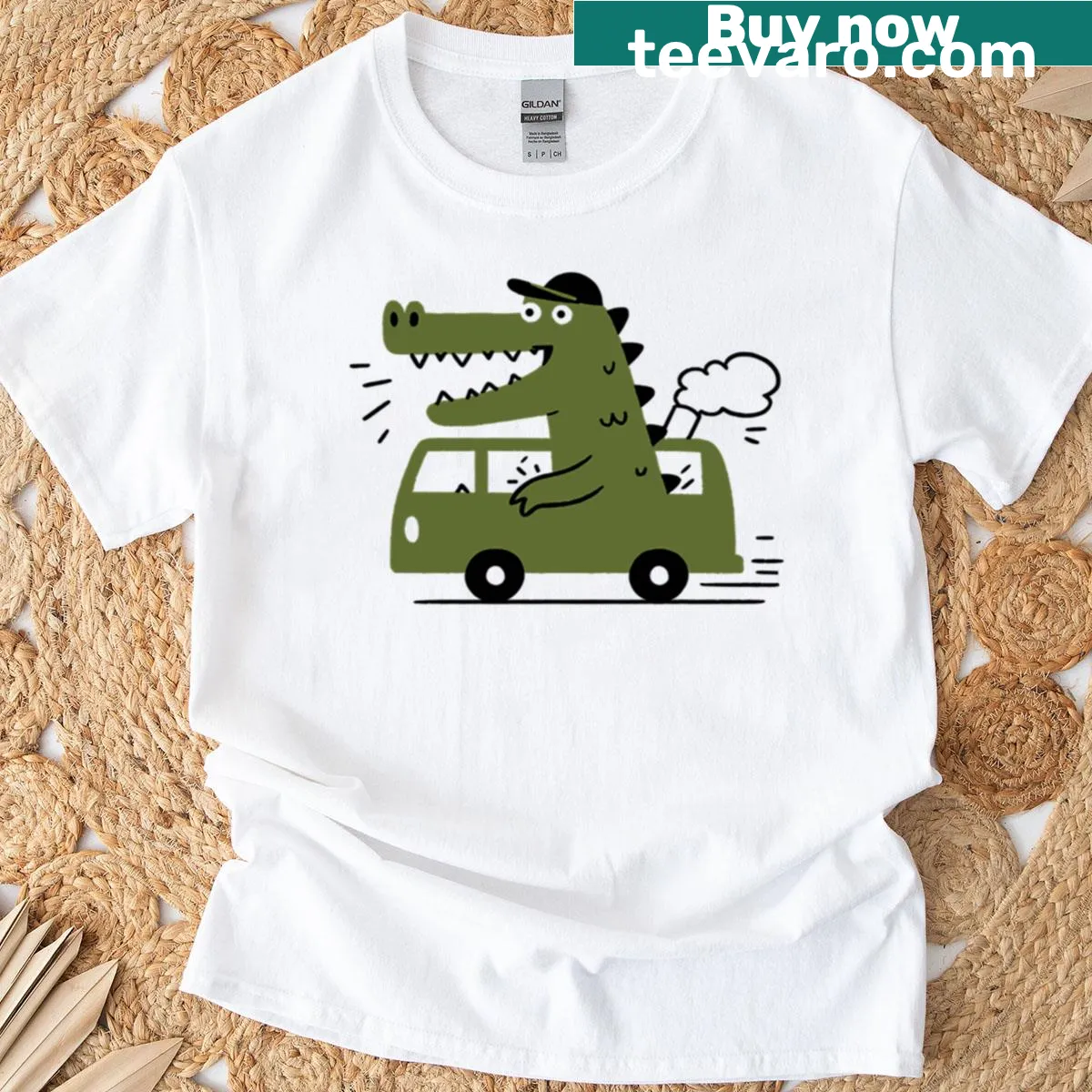 Playful croc on wheels graphic t-shirt — on a men's t-shirt