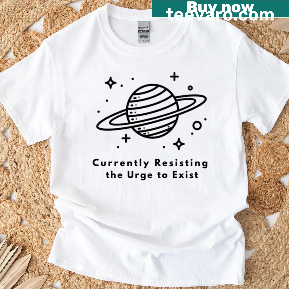 Minimalist text design expressing existential sentiment — on a men's t-shirt