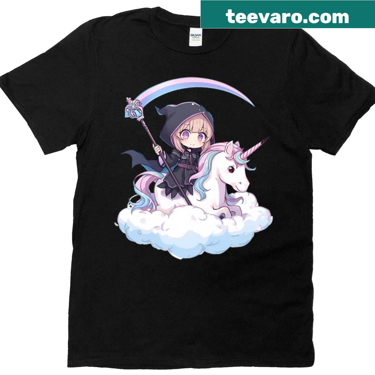 Cartoon unicorn design T-shirt with a cute anime style — on a men's t-shirt