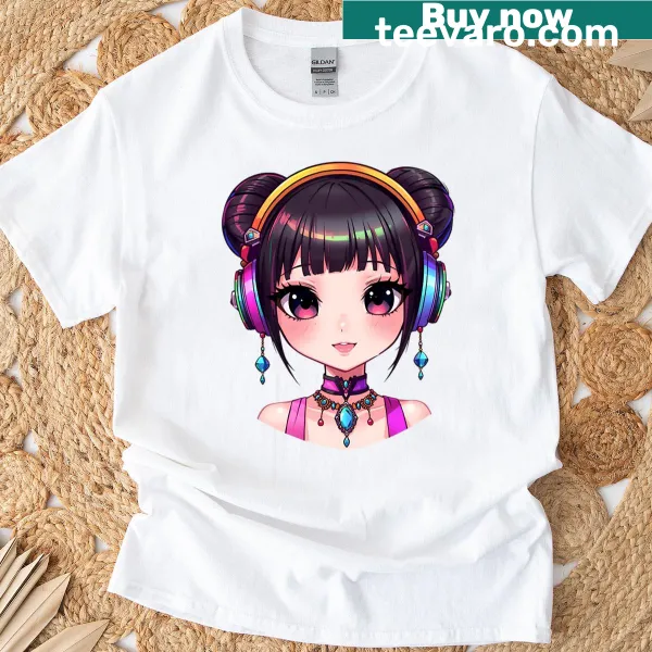 T-shirt featuring a cute anime girl with headphones in a playful design.
