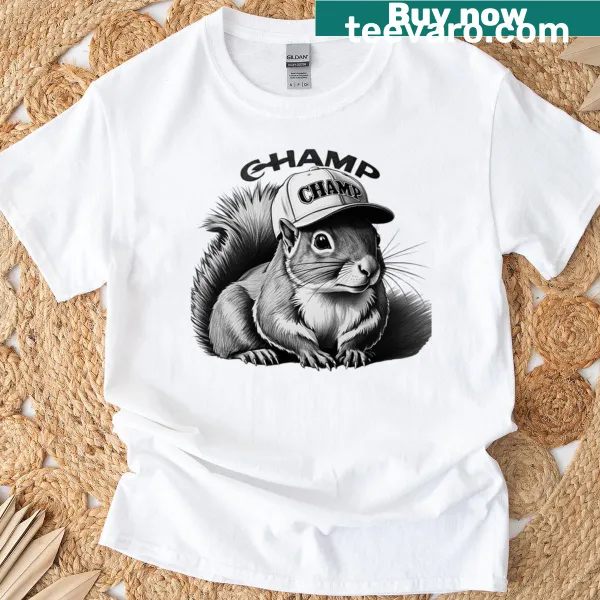 Illustration of Champ the Squirrel wearing a hat on T-shirt