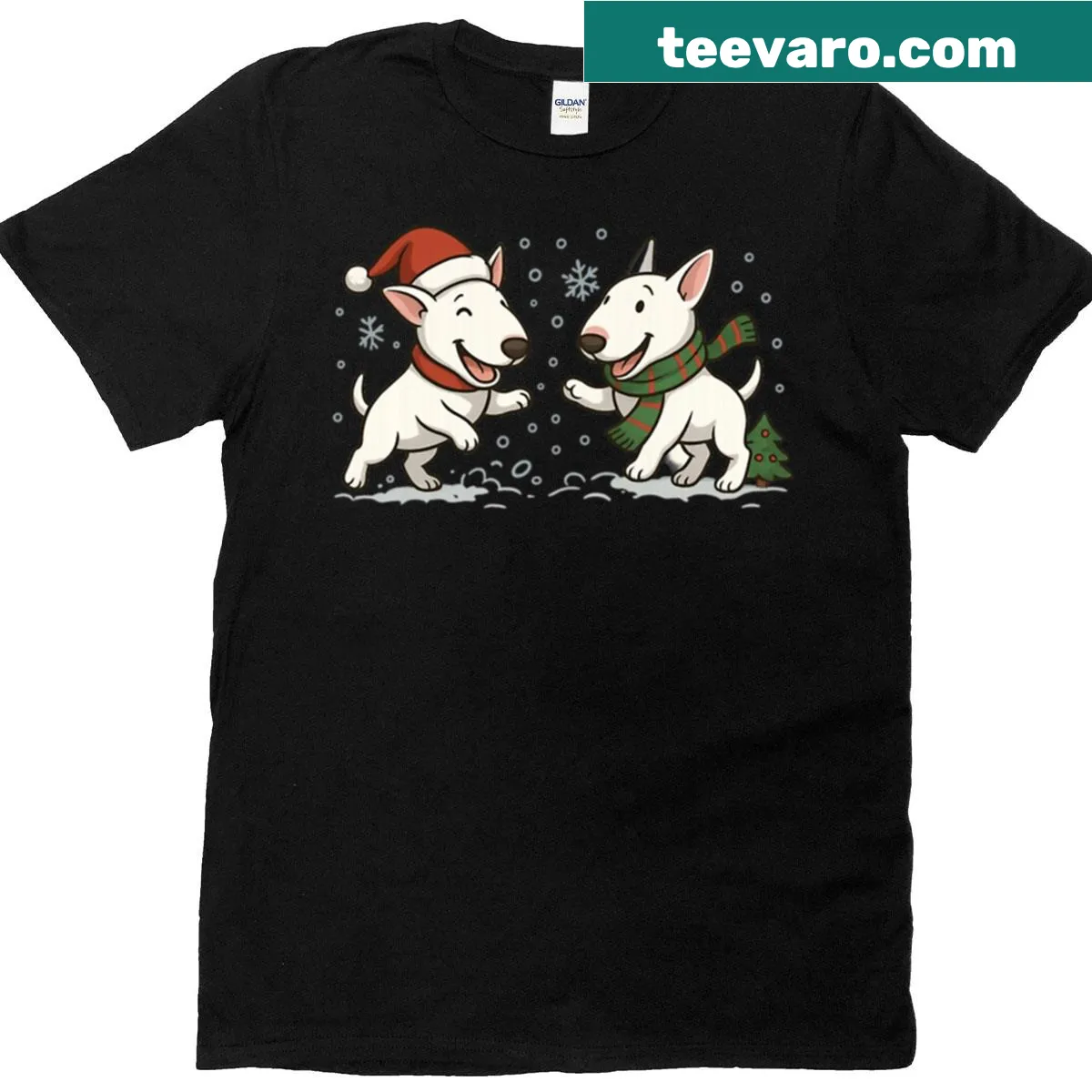 Oversized T-shirt featuring two playful Bull Terriers in the snow — on a men's t-shirt