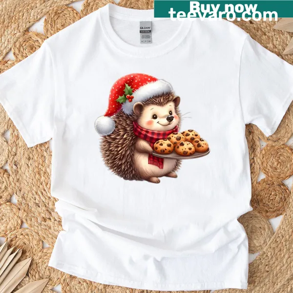 Adorable Christmas hedgehog with cookies and Santa hat illustration