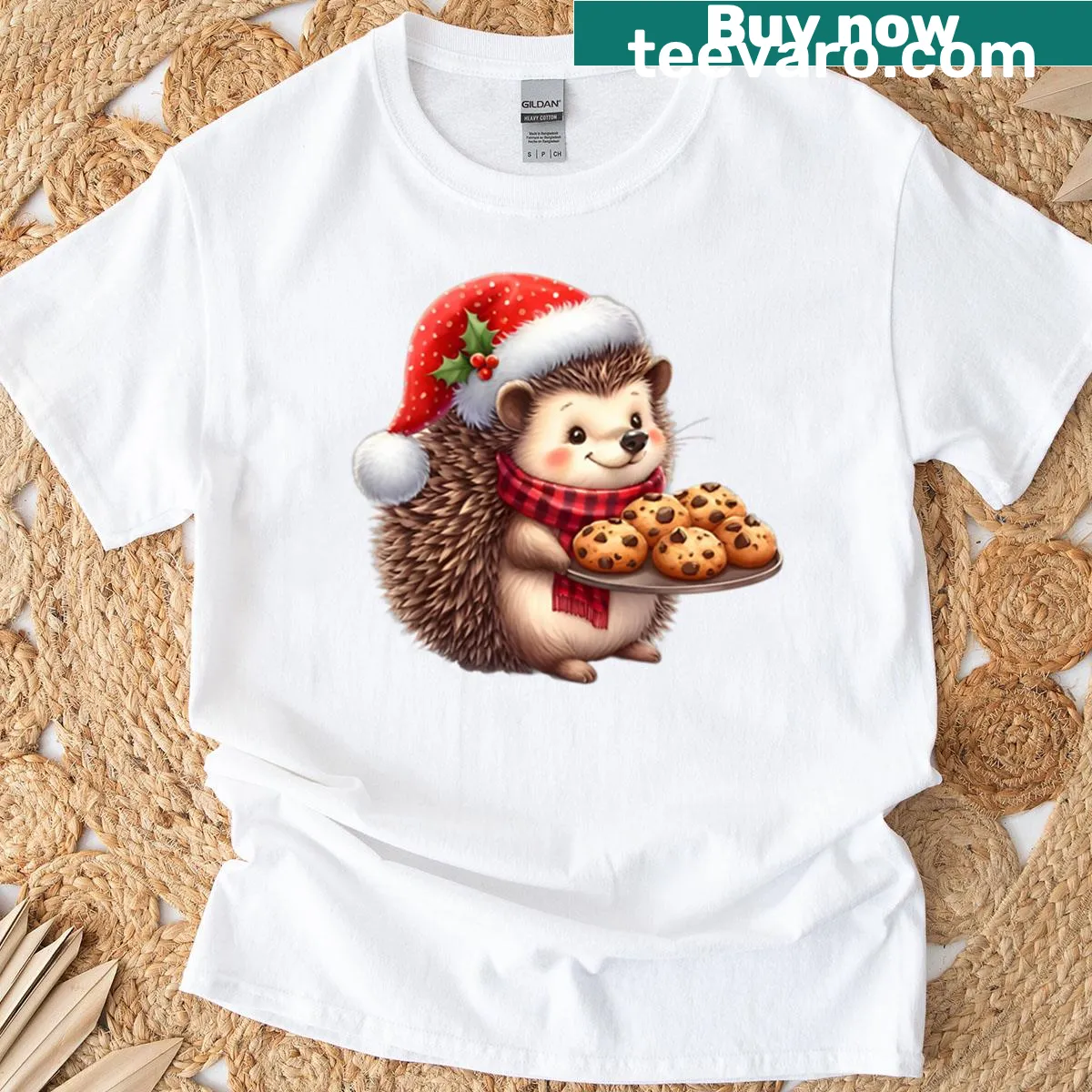 Adorable Christmas hedgehog with cookies and Santa hat illustration — on a men's t-shirt