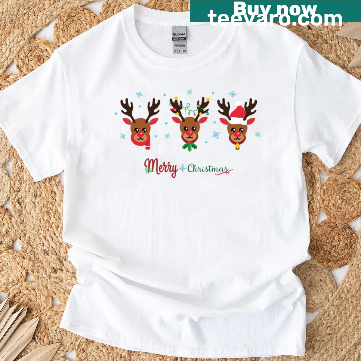 Cute trio of Christmas reindeer graphic — on a men's t-shirt