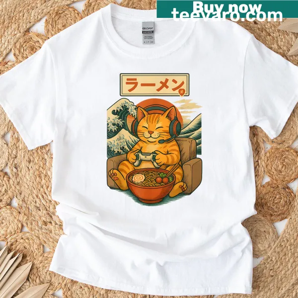 Kawaii cat graphic enjoying ramen on a gaming t-shirt