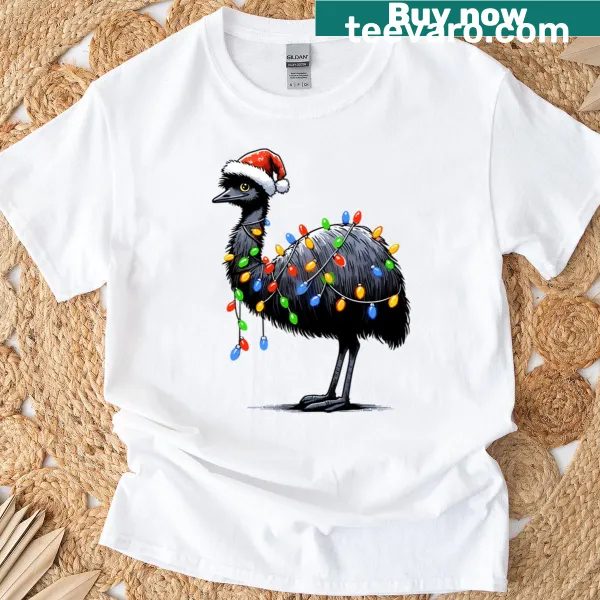 Santa emu tangled in Christmas lights illustration on a t-shirt.