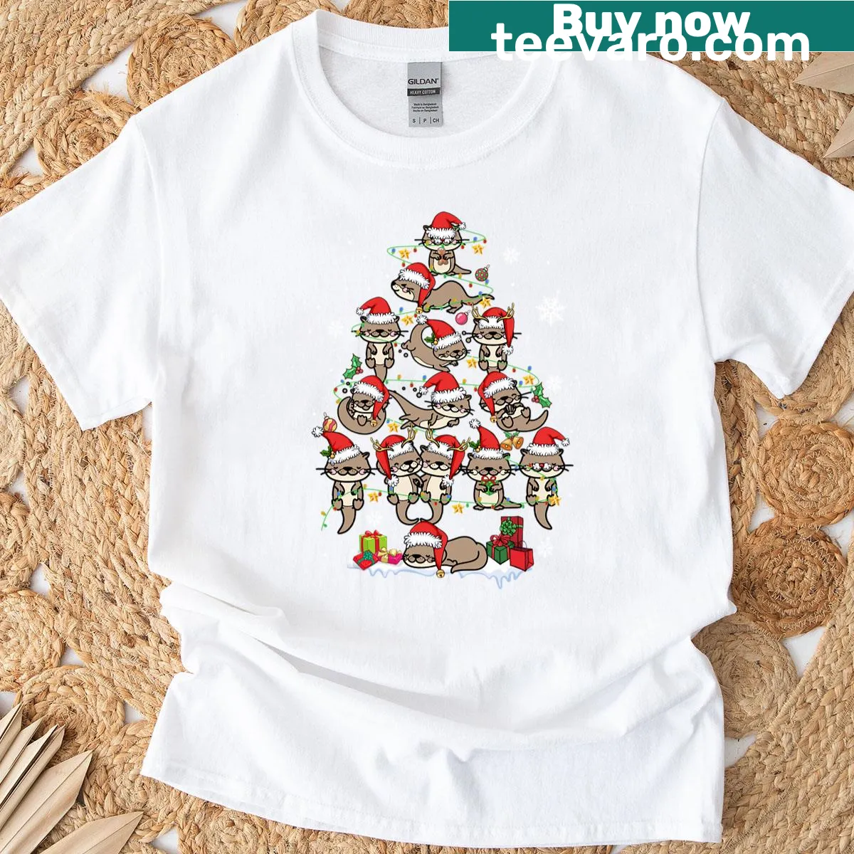 Funny Christmas shirt featuring a sea otter in reindeer antlers — on a men's t-shirt