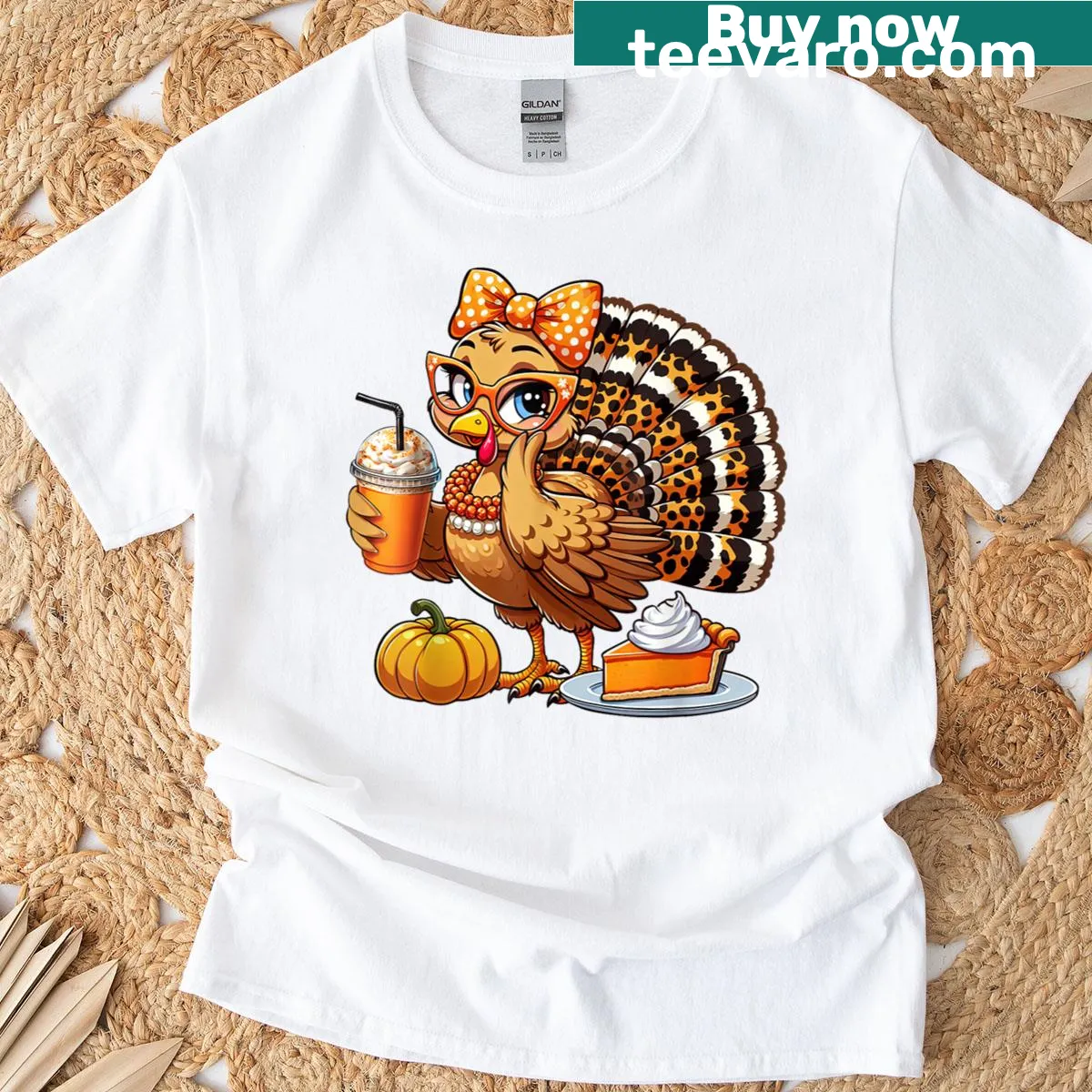 Cute turkey illustration sipping coffee for Thanksgiving — on a men's t-shirt