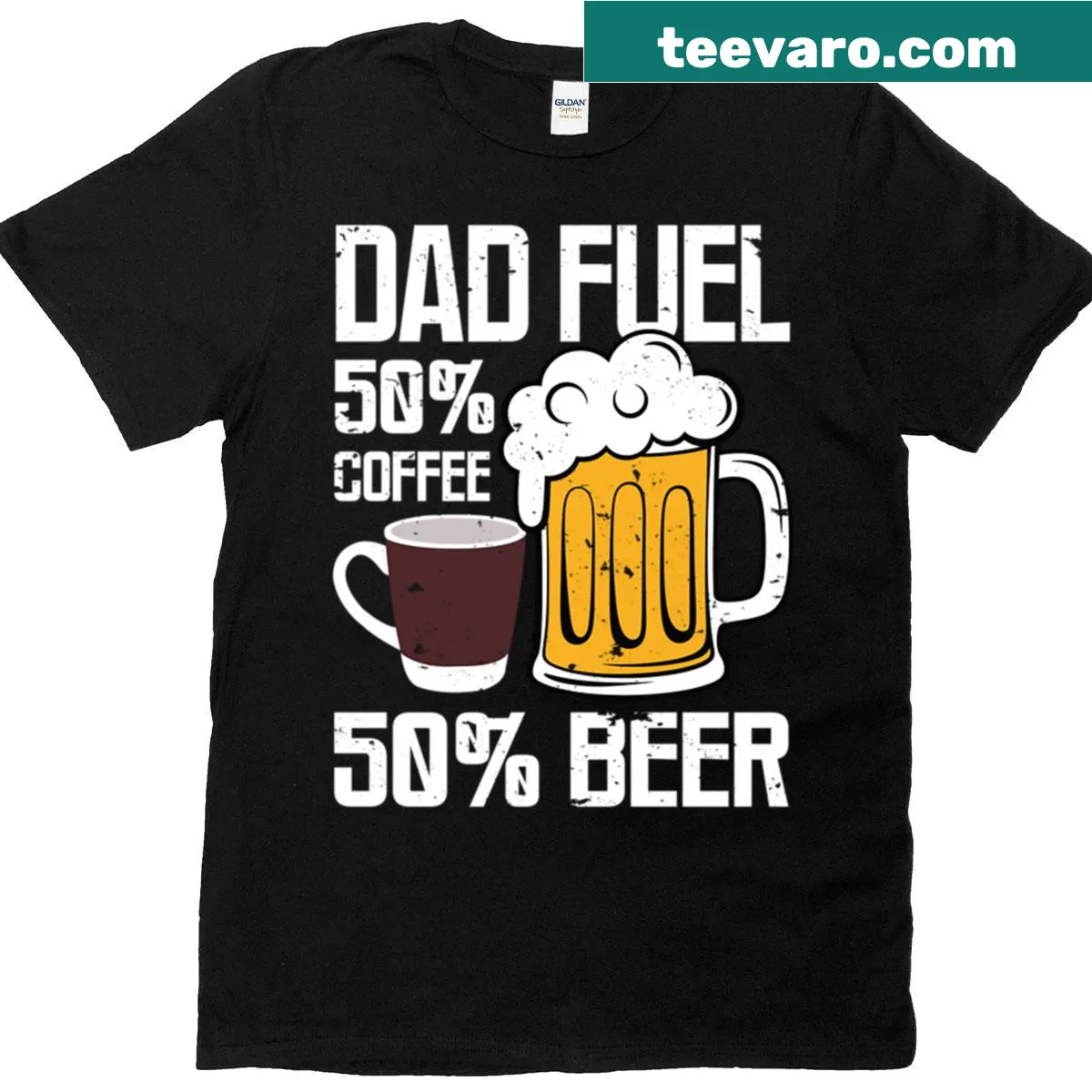 Funny typography shirt stating '50% Coffee, 50% Beer' for dads. — on a men's t-shirt