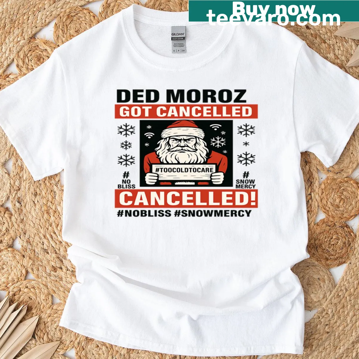 Satirical Ded Moroz mugshot graphic on a humorous T-shirt — on a men's t-shirt