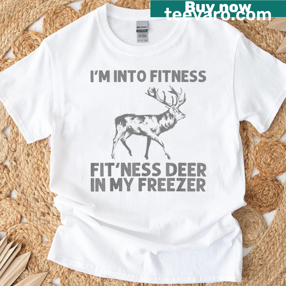 Illustrative deer hunting T-shirt featuring humorous artwork — on a men's t-shirt