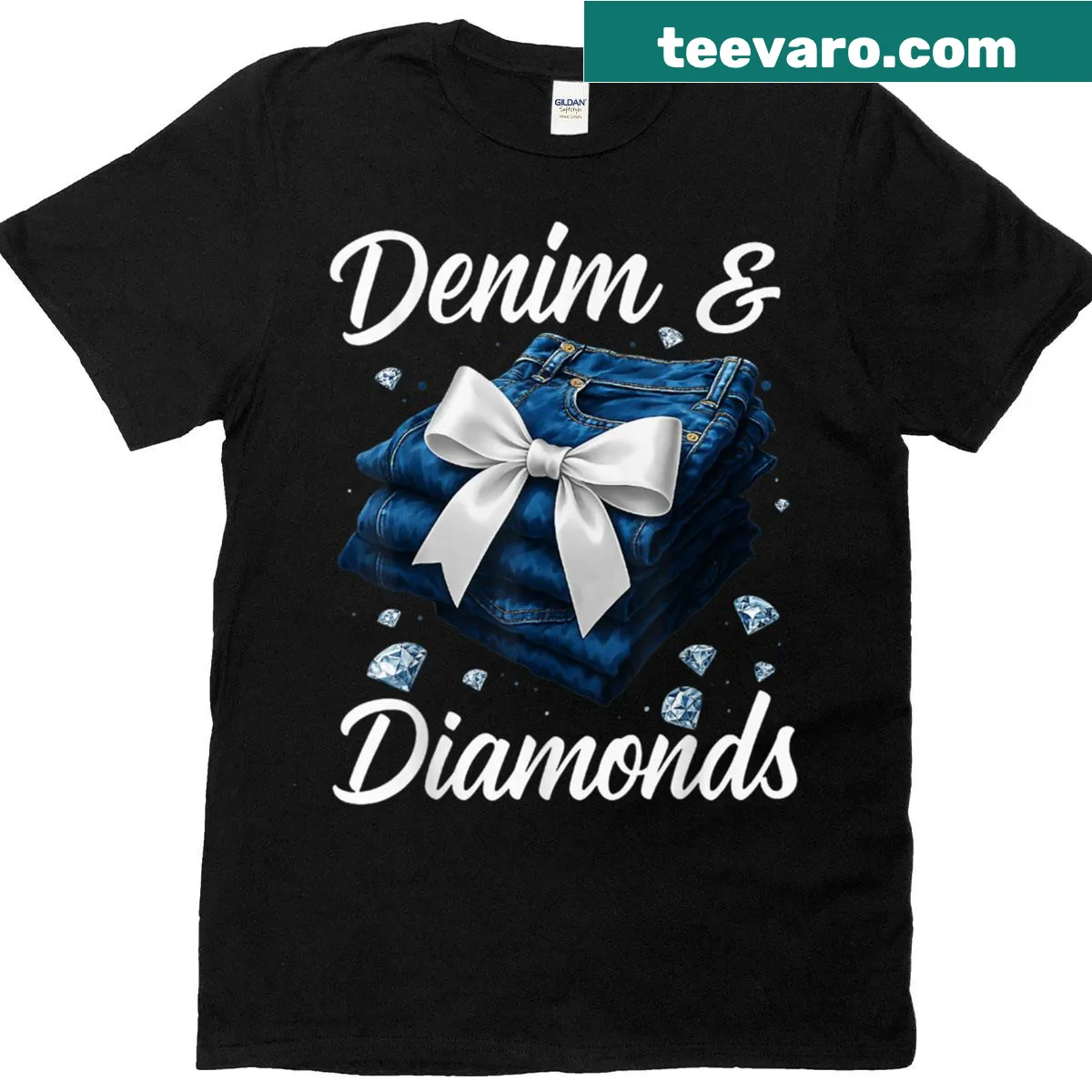 Cartoon design of Denim And Diamonds with a bow on women's T-shirt — on a men's t-shirt