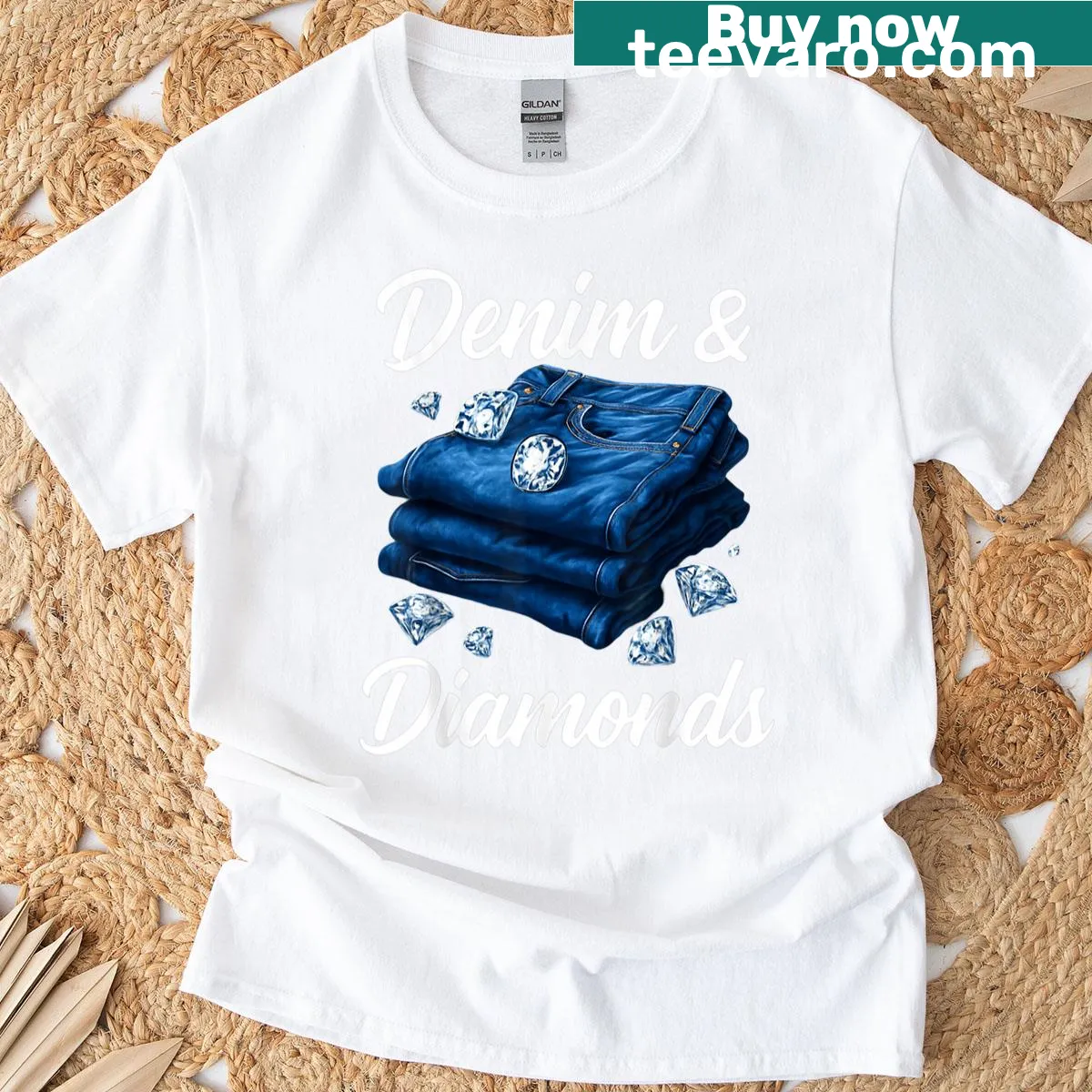 Western cowgirl style T-shirt featuring denim and diamond motifs. — on a men's t-shirt