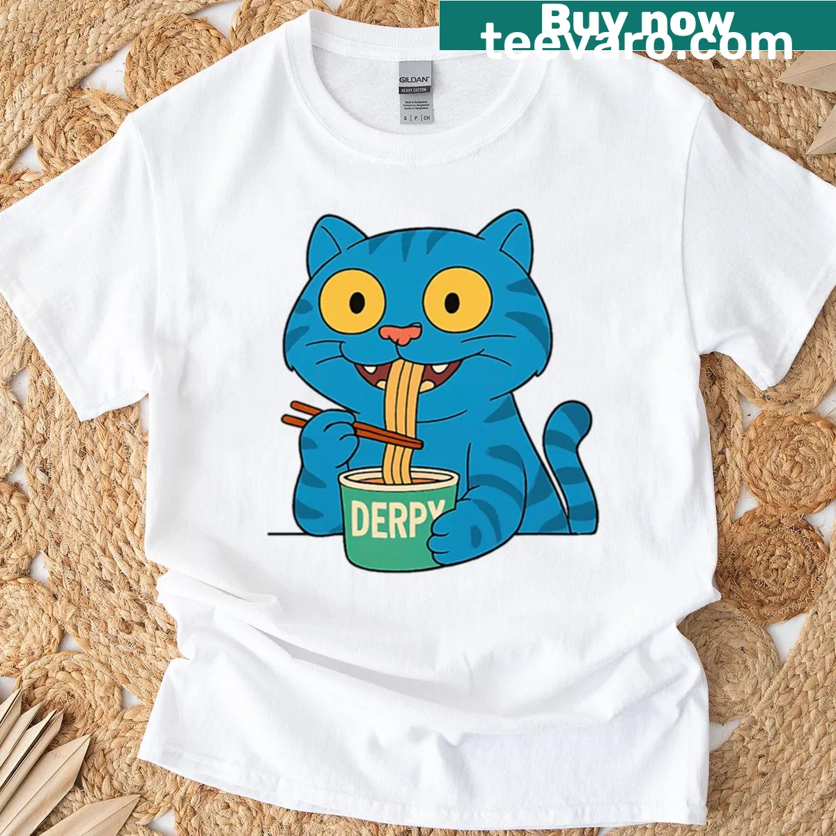 Cute oversized T-shirt with a derpy character enjoying ramen — on a men's t-shirt