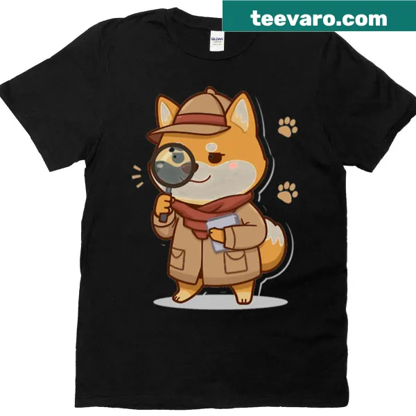 Cartoon Shiba Inu detective on a T-shirt with 'Case Solved'.
