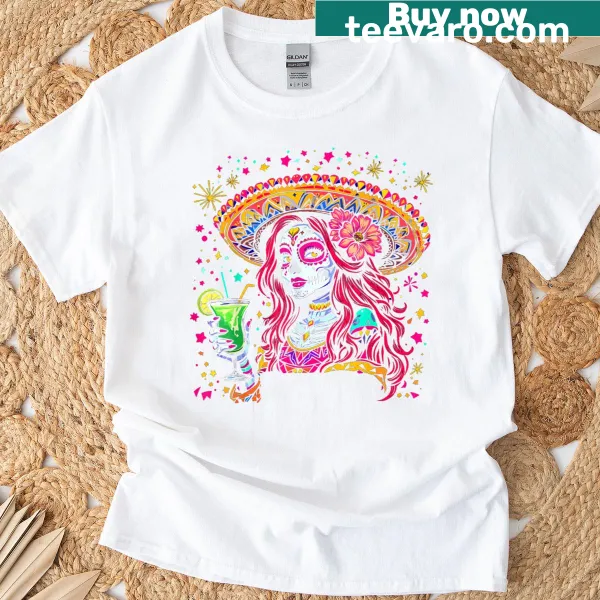 Illustrated Sugar Skull t-shirt honoring Dia De Los Muertos
