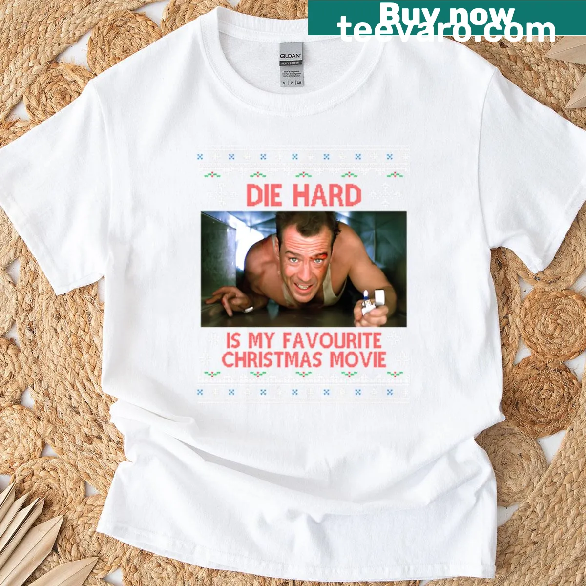 T-shirt with the text 'Die Hard Is My Favourite Christmas Movie' in bold letters — on a men's t-shirt