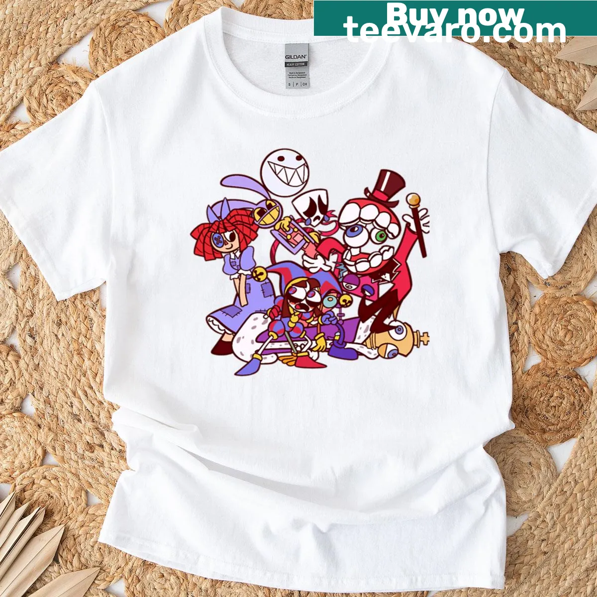 Playful circus-themed T-shirt with illustrations of friends in active poses — on a men's t-shirt