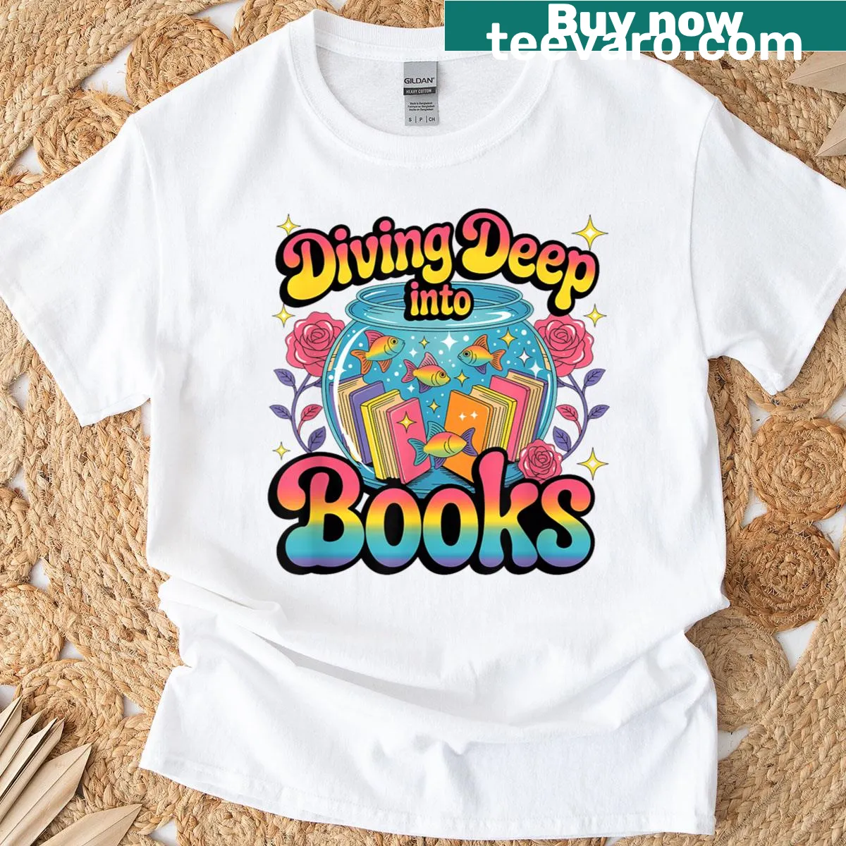 Imaginative T-shirt about diving into books with oceanic themes. — on a men's t-shirt