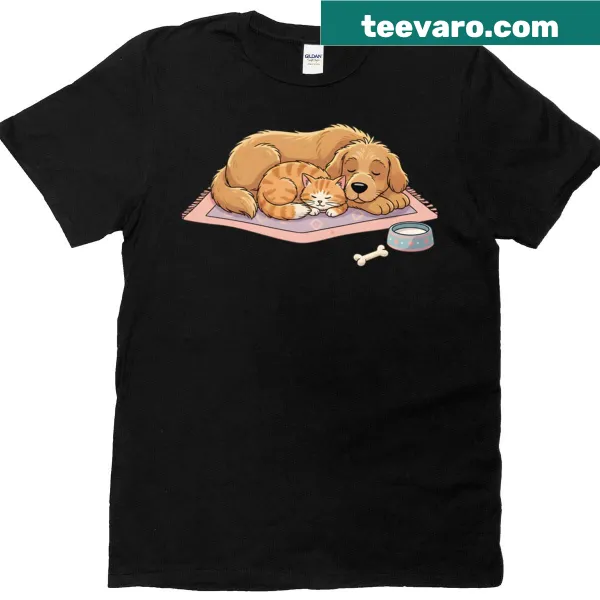 Adorable graphic tee featuring a dog and a kitty