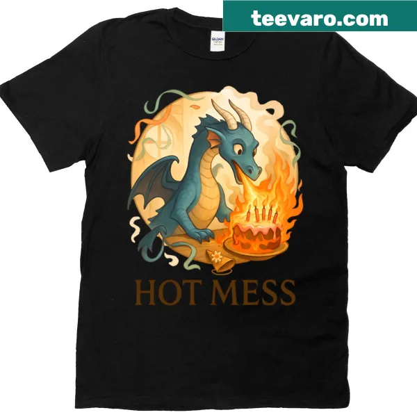 Humorous dragon and birthday cake graphic on T-shirt