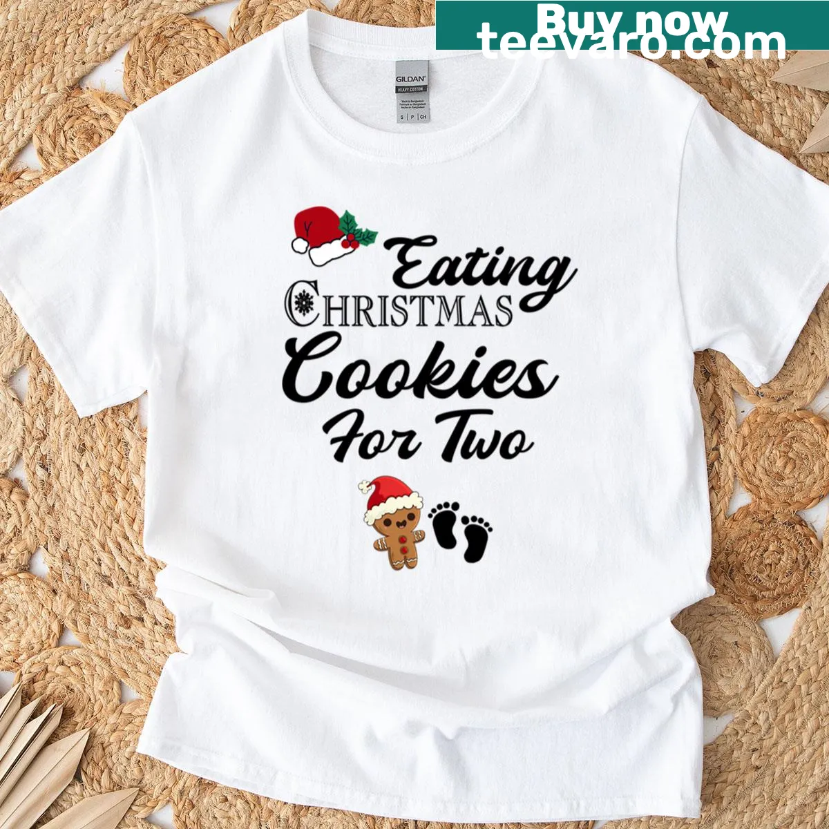 Whimsical maternity T-shirt with cookies and 'Eating Christmas Cookies For Two' text — on a men's t-shirt