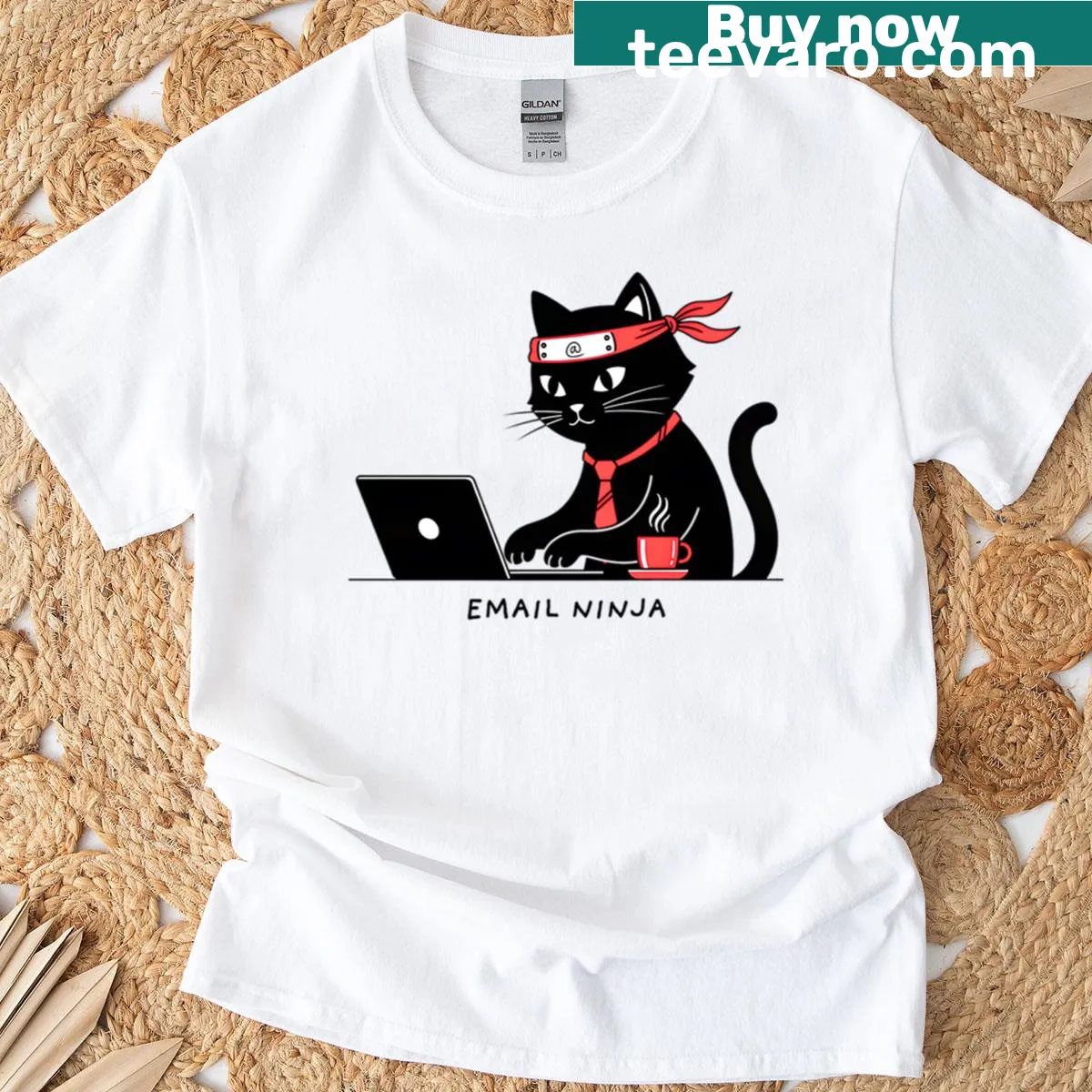 Cartoon cat design with 'Email Ninja' text for office humor — on a men's t-shirt