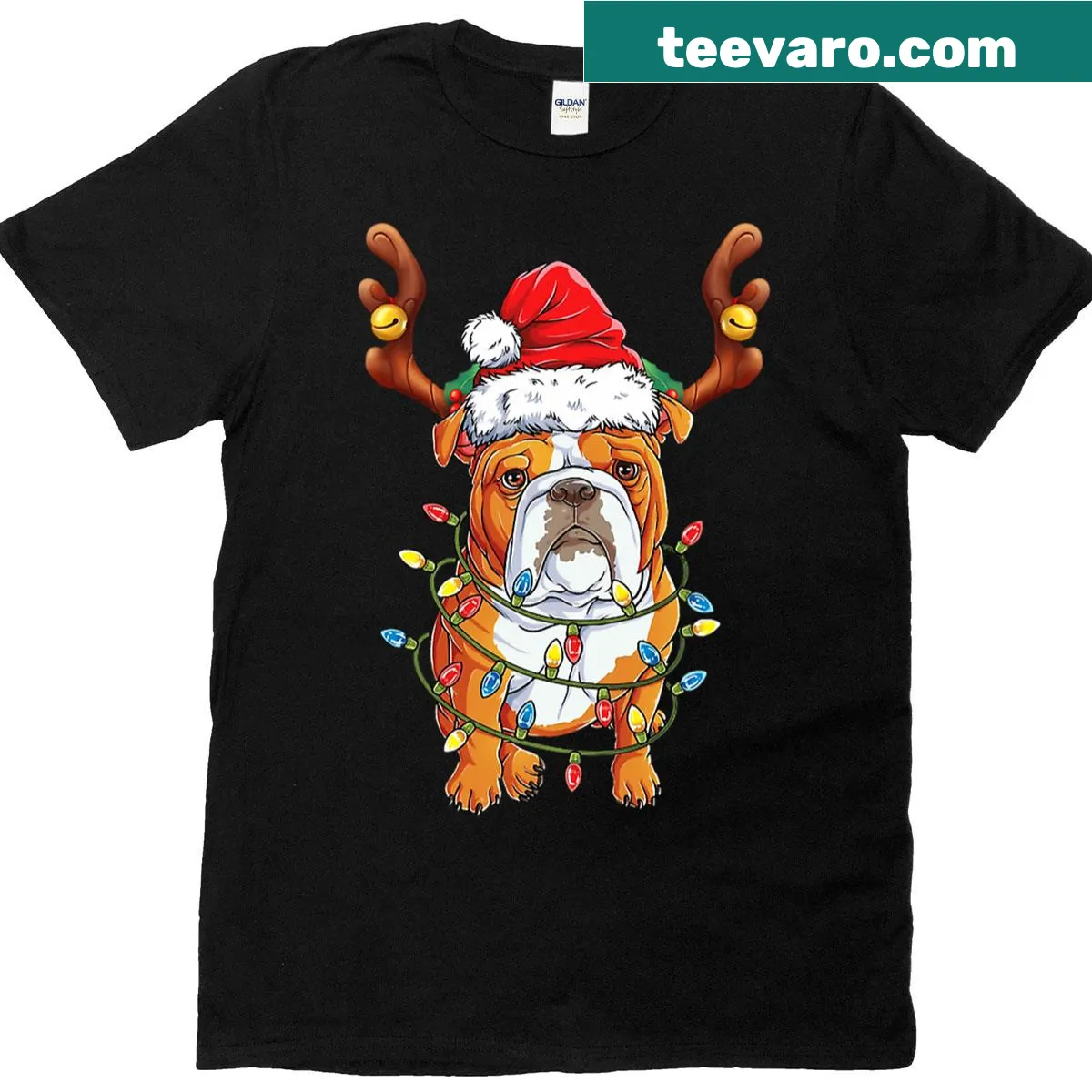 Funny English Bulldog dressed as a reindeer for Christmas — on a men's t-shirt
