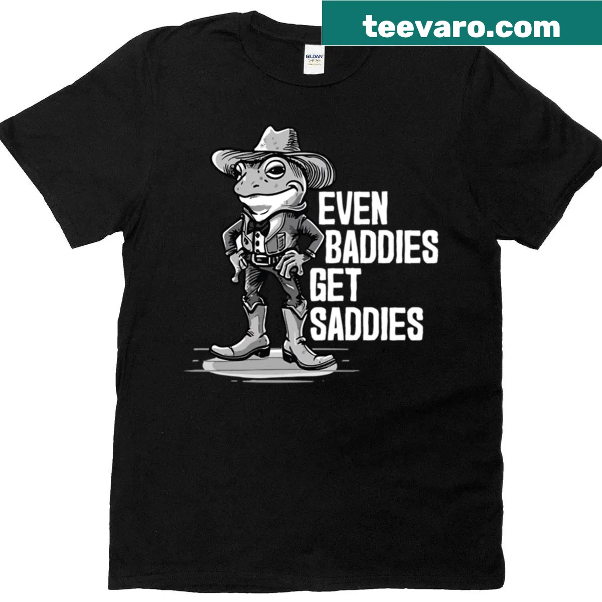 Oversized T-shirt with a funny cowboy frog design and humorous text — on a men's t-shirt