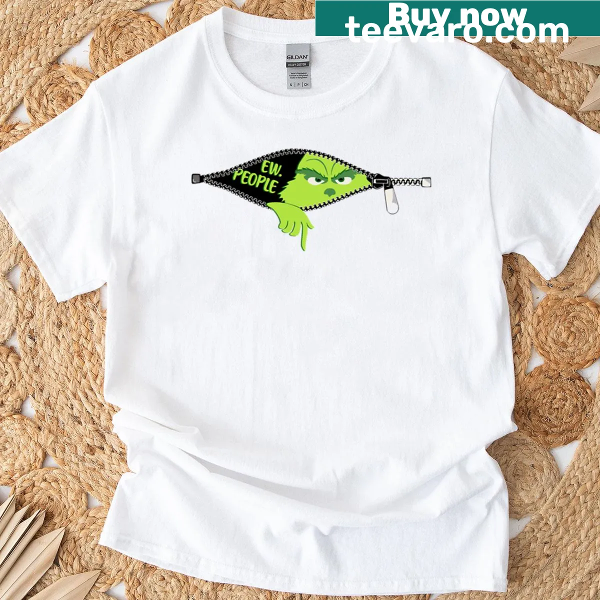 Sarcastic Christmas T-shirt with Grinch theme and 'Ew People' text — on a men's t-shirt