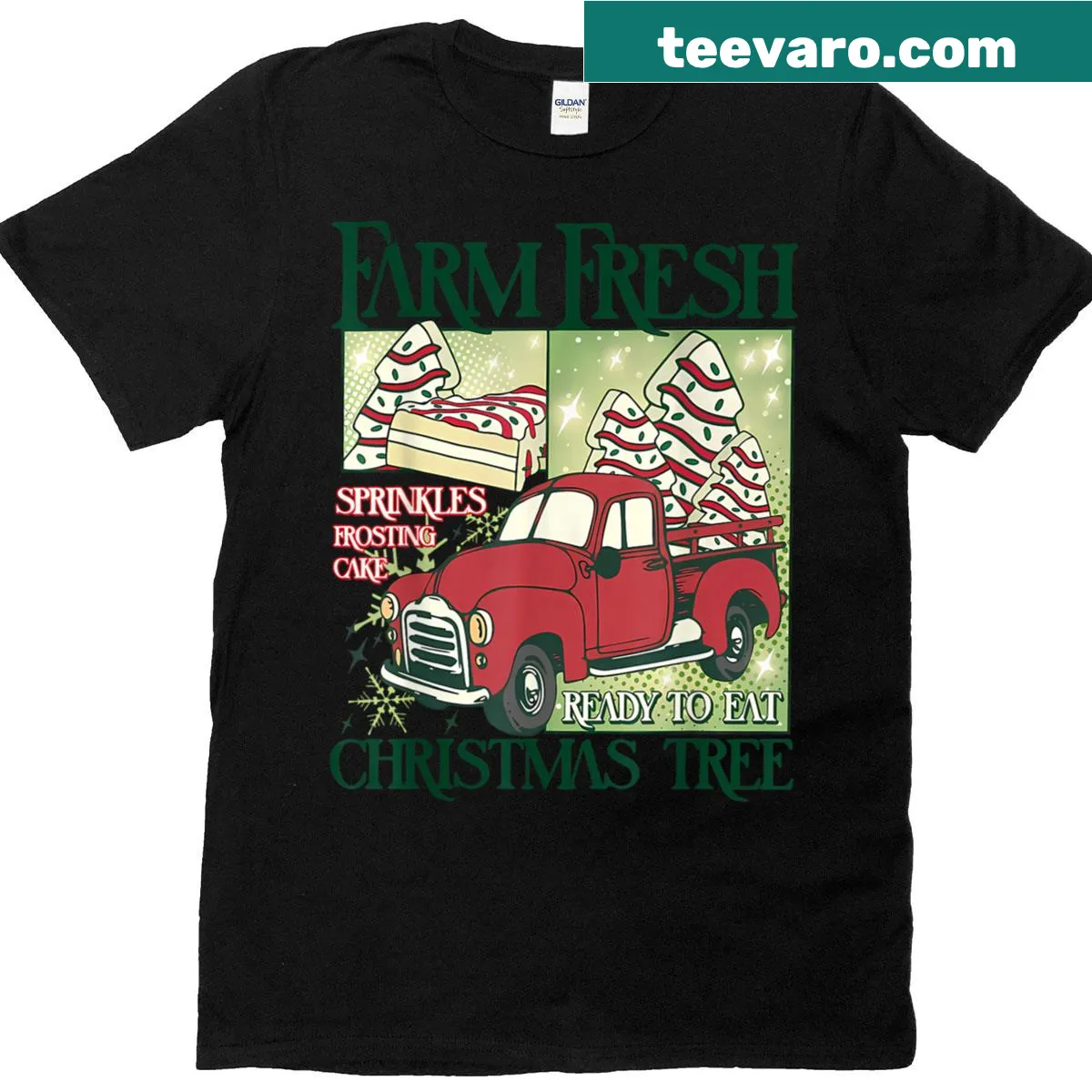 Retro Christmas shirt featuring a cake and Christmas tree — on a men's t-shirt