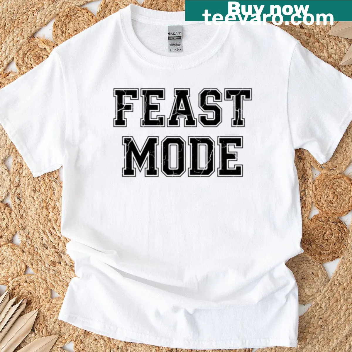 Funny Feast Mode T-shirt celebrating holiday food — on a men's t-shirt