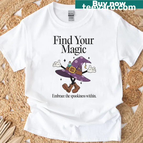 Retro witch hat illustration on spooky graphic T-shirt