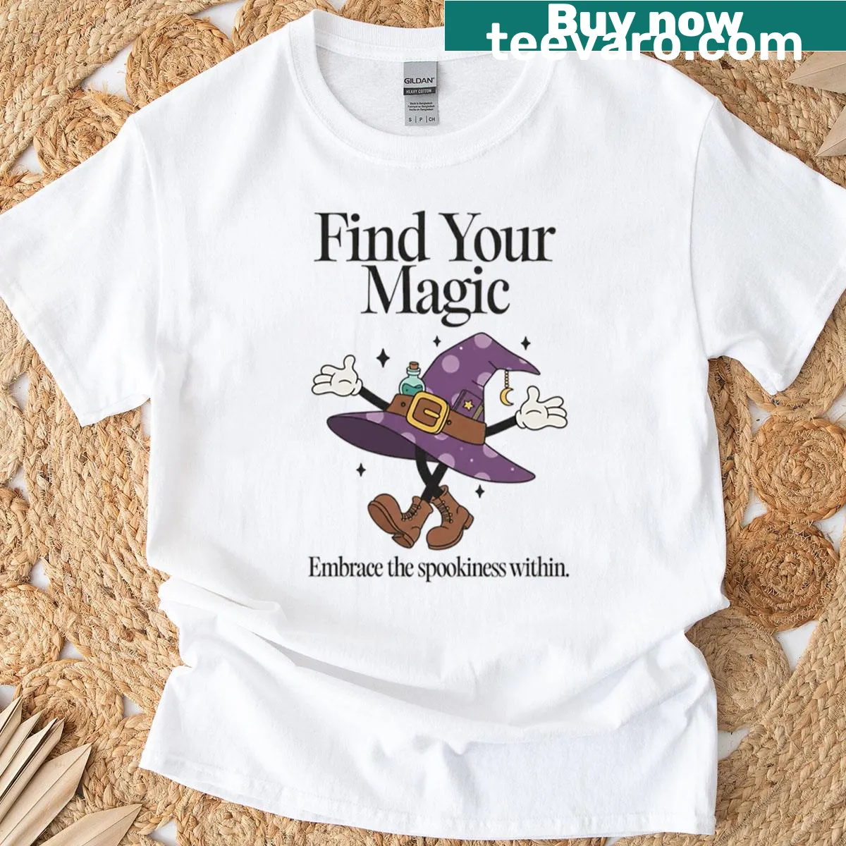 Retro witch hat illustration on spooky graphic T-shirt — on a men's t-shirt