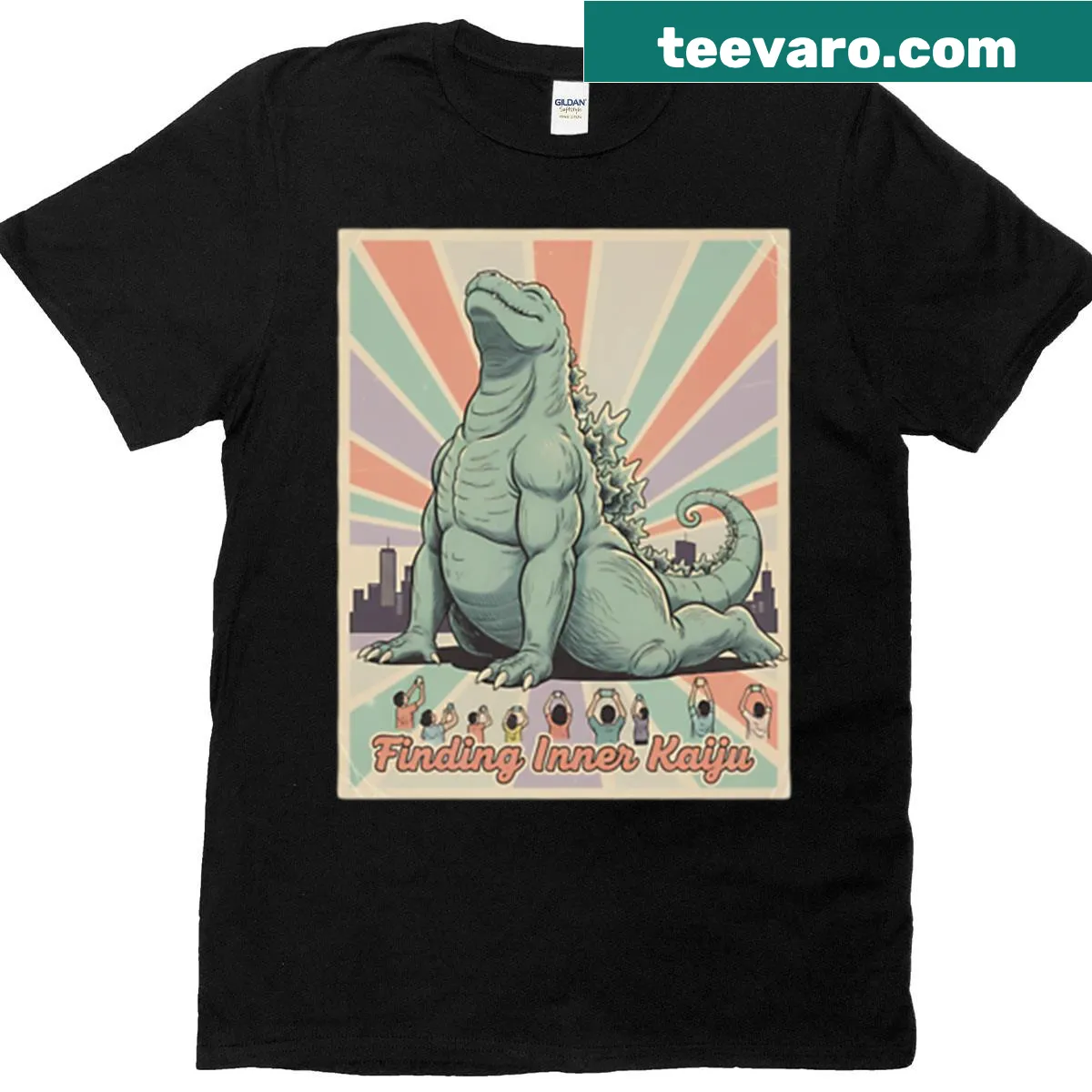 Oversized t-shirt featuring a retro kaiju design with a zen theme — on a men's t-shirt