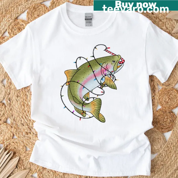 Playful Christmas T-shirt with a trout tangled in holiday lights