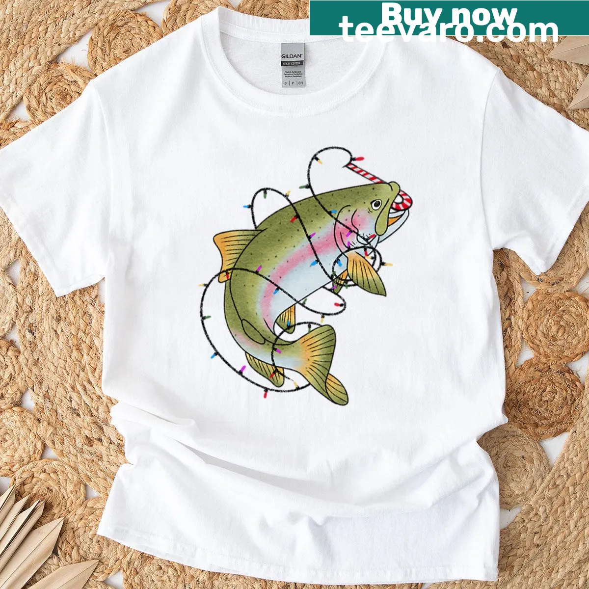 Playful Christmas T-shirt with a trout tangled in holiday lights — on a men's t-shirt