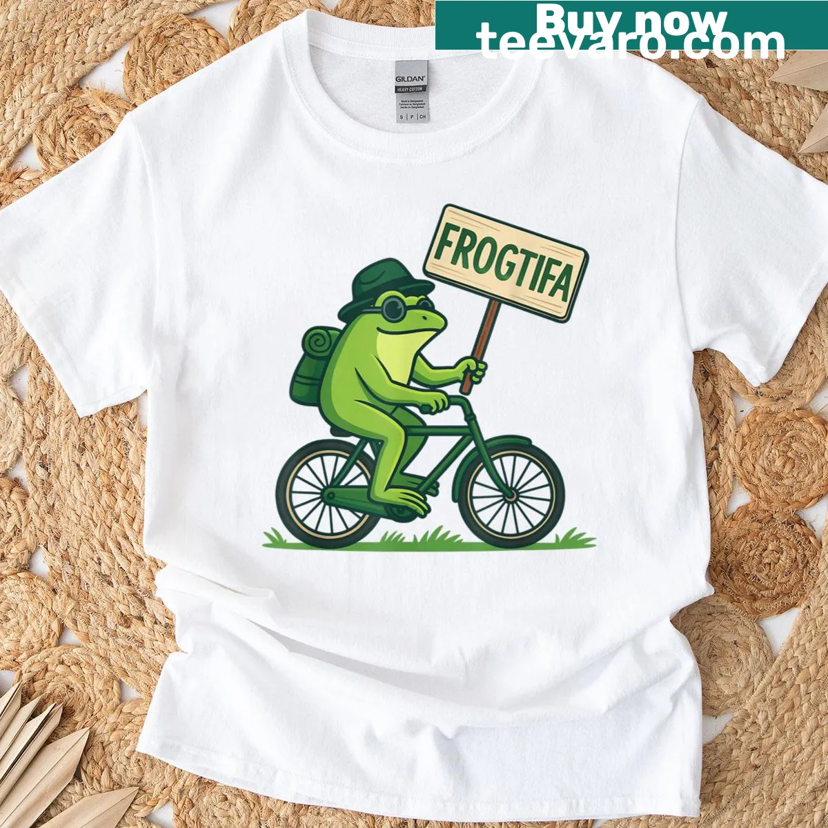 Graphic T-shirt depicting a frog on a bike for activism — on a men's t-shirt