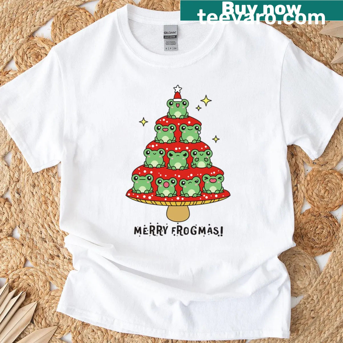 Whimsical T-shirt with frogs on a Christmas tree design. — on a men's t-shirt